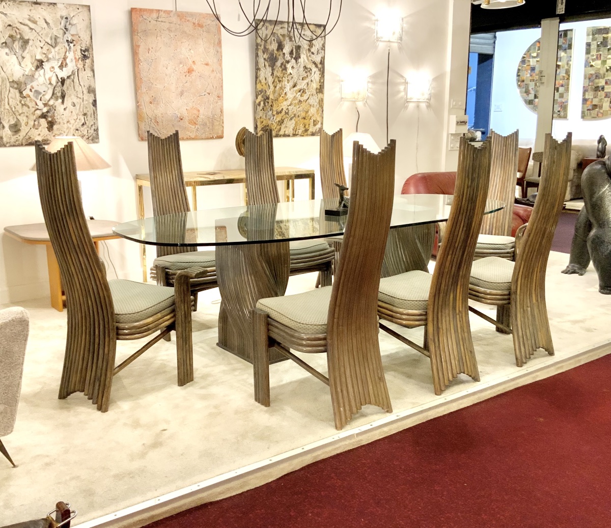 Salle à manger, table + 2 fauteuils et 6 chaises bambou design 1970/80 de Mac Guire signée