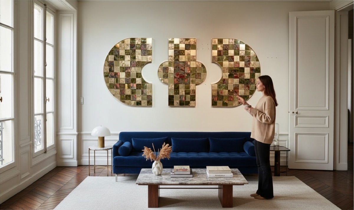 Grand panneau mural en laiton et céramique par Stéphane Le Meur-photo-6