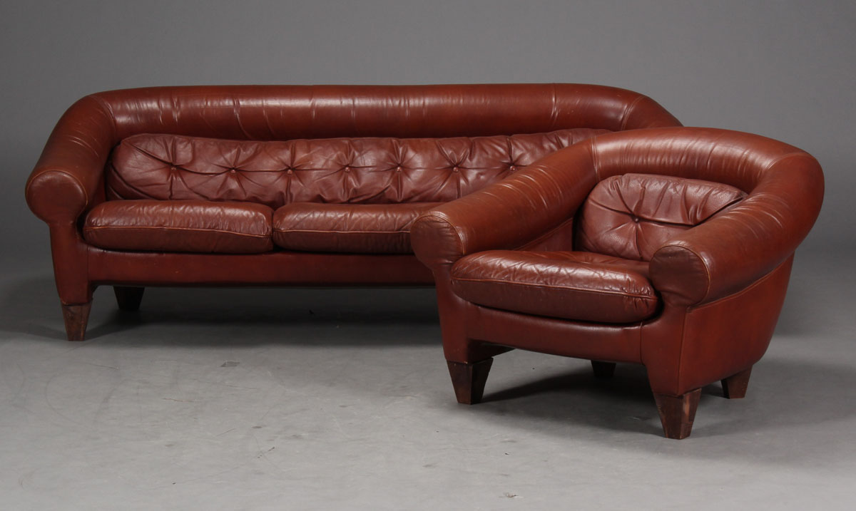 Fawn Leather Lounge Including A Sofa And Three Armchairs.-photo-2