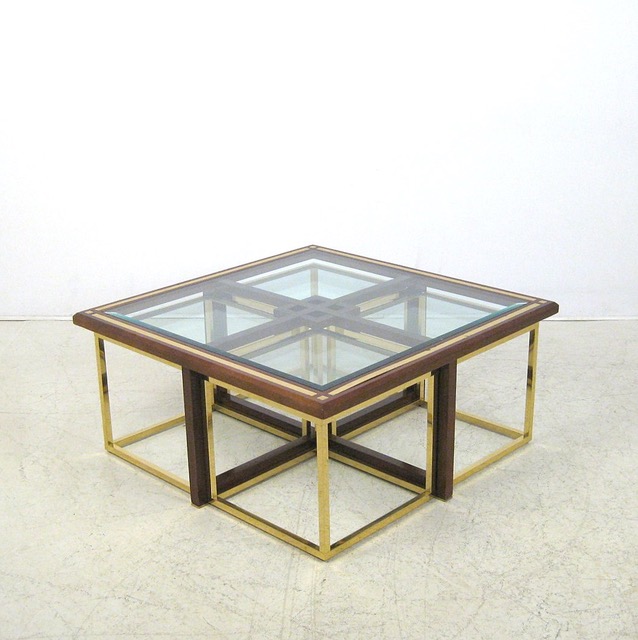 Coffee Tables Wood And Gilded Metal With 4 Bts. Sofa 1970s-photo-2