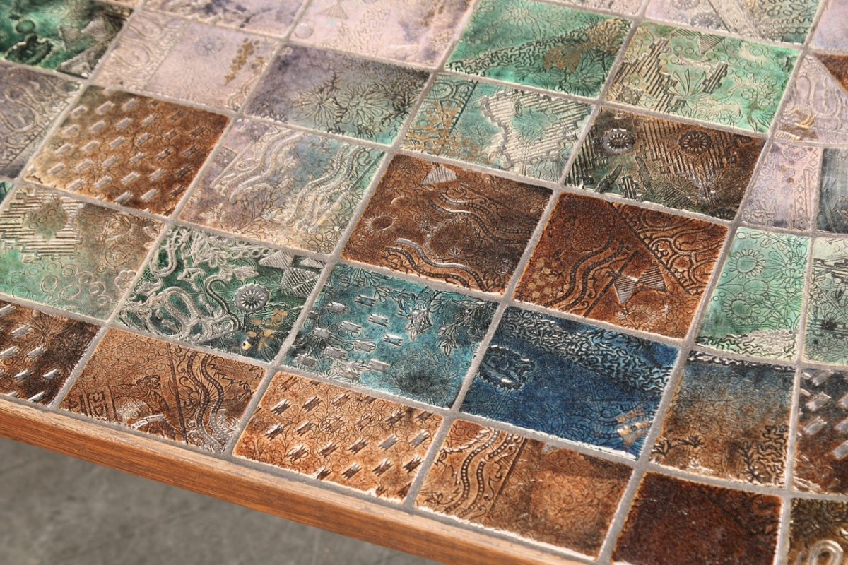 Rare Large Coffee Table In Tiles Engraved In Various Colors.-photo-2