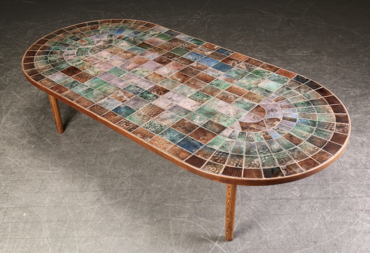 Rare Large Coffee Table In Tiles Engraved In Various Colors.