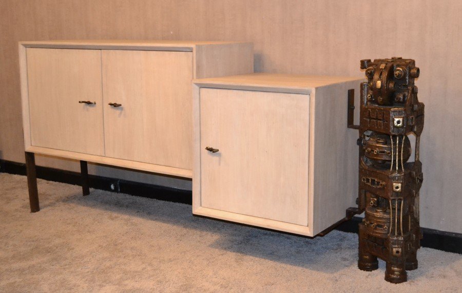 Surprising Sideboard Movable Sculpture In Bleached Lime, Cast Iron And Wrought Iron.-photo-4