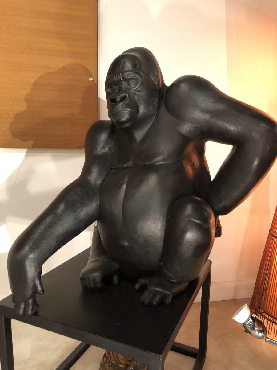 Sculpture En Bronze, Gorille Des Montagnes Mâle, Dos Argenté De Florence Jacquesson-photo-2