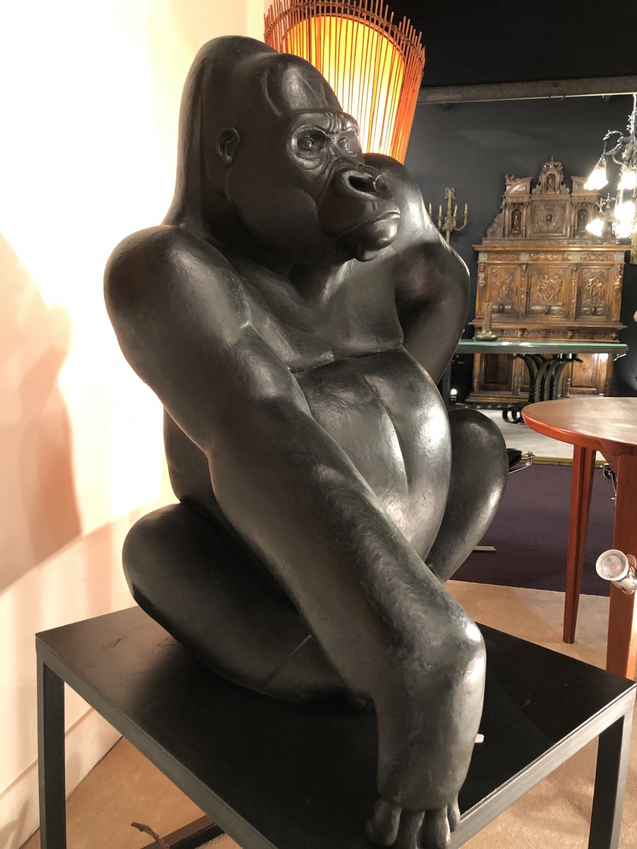 Sculpture En Bronze, Gorille Des Montagnes Mâle, Dos Argenté De Florence Jacquesson-photo-3