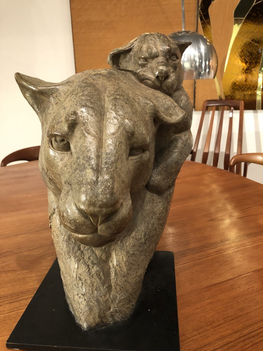 Portrait Of Lioness And Her Lion Cub, Bronze By Florence Jacquesson, Signed, Numbered.-photo-2