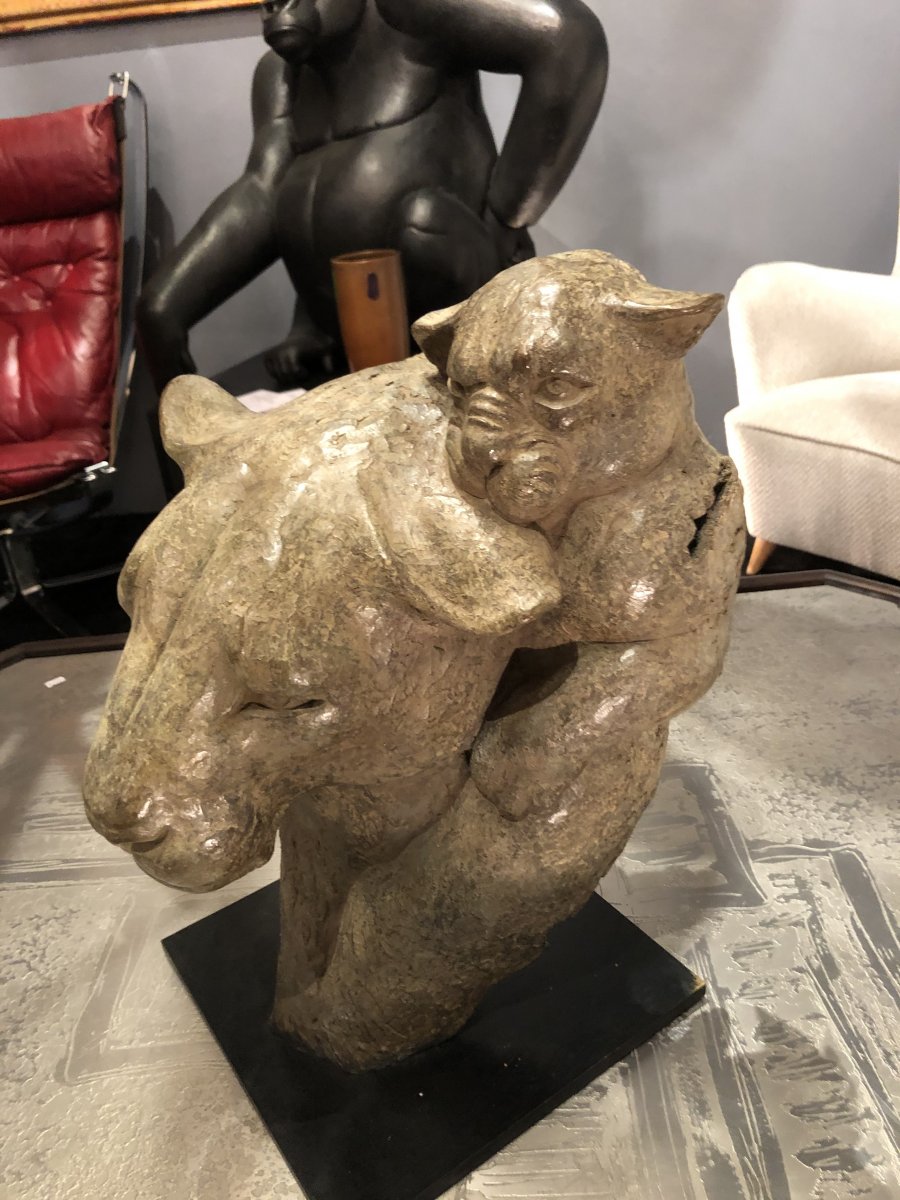 Portrait Of Lioness And Her Lion Cub, Bronze By Florence Jacquesson, Signed, Numbered.-photo-4