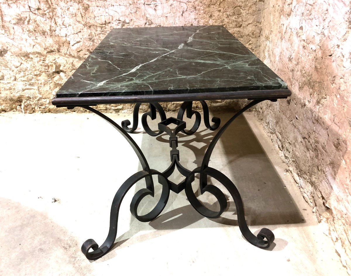 Wrought Iron Coffee Table, 1940s Sea Green Marble Top -photo-3