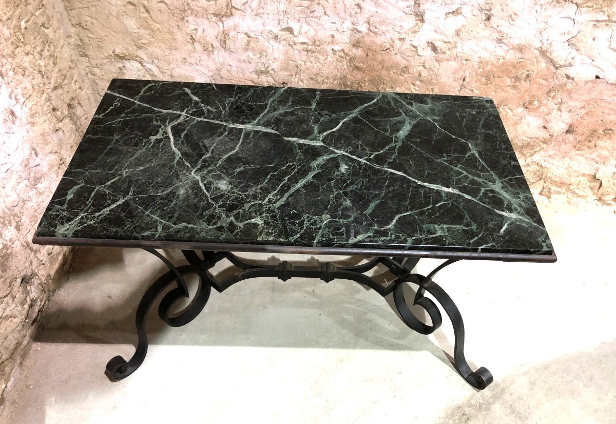Wrought Iron Coffee Table, 1940s Sea Green Marble Top -photo-5