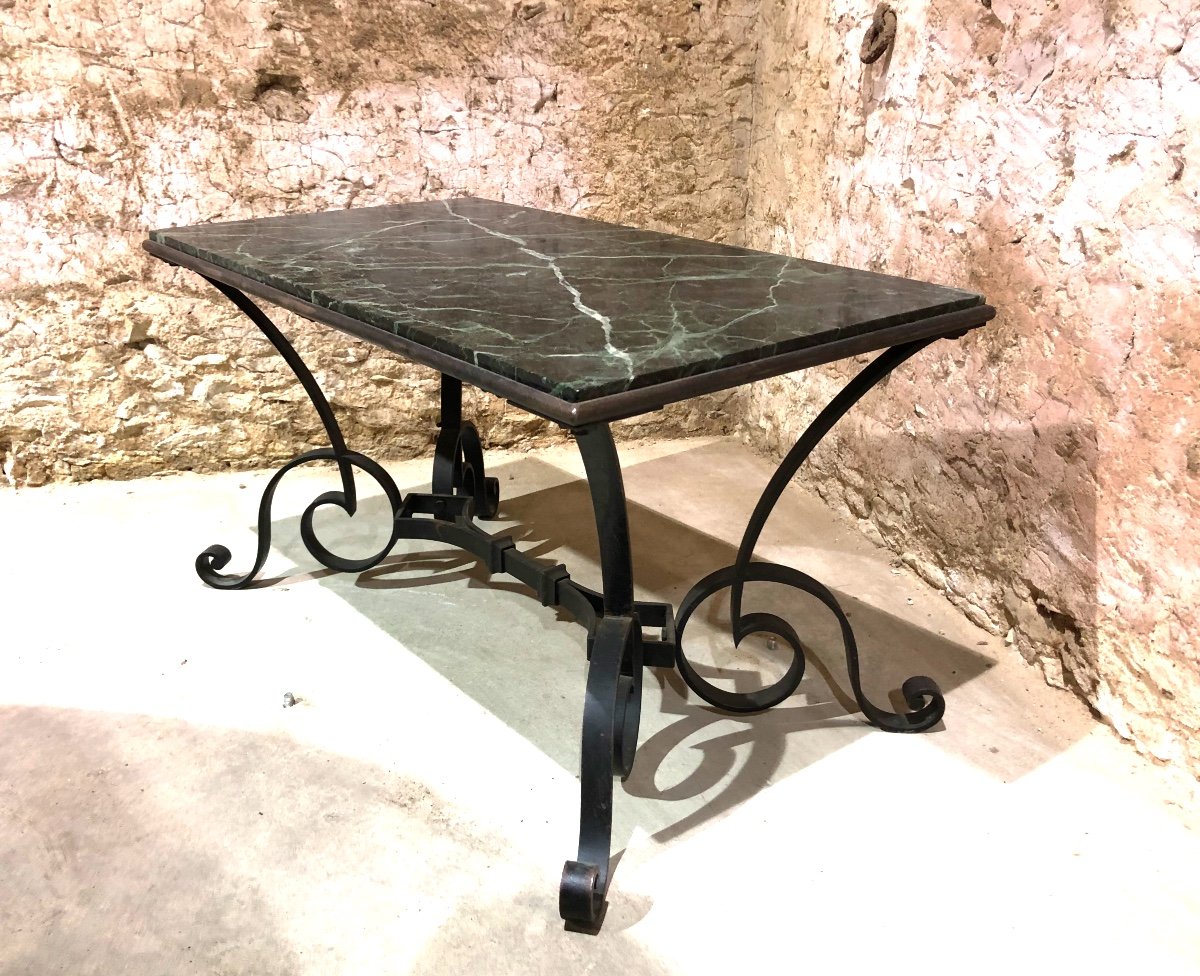 Wrought Iron Coffee Table, 1940s Sea Green Marble Top 