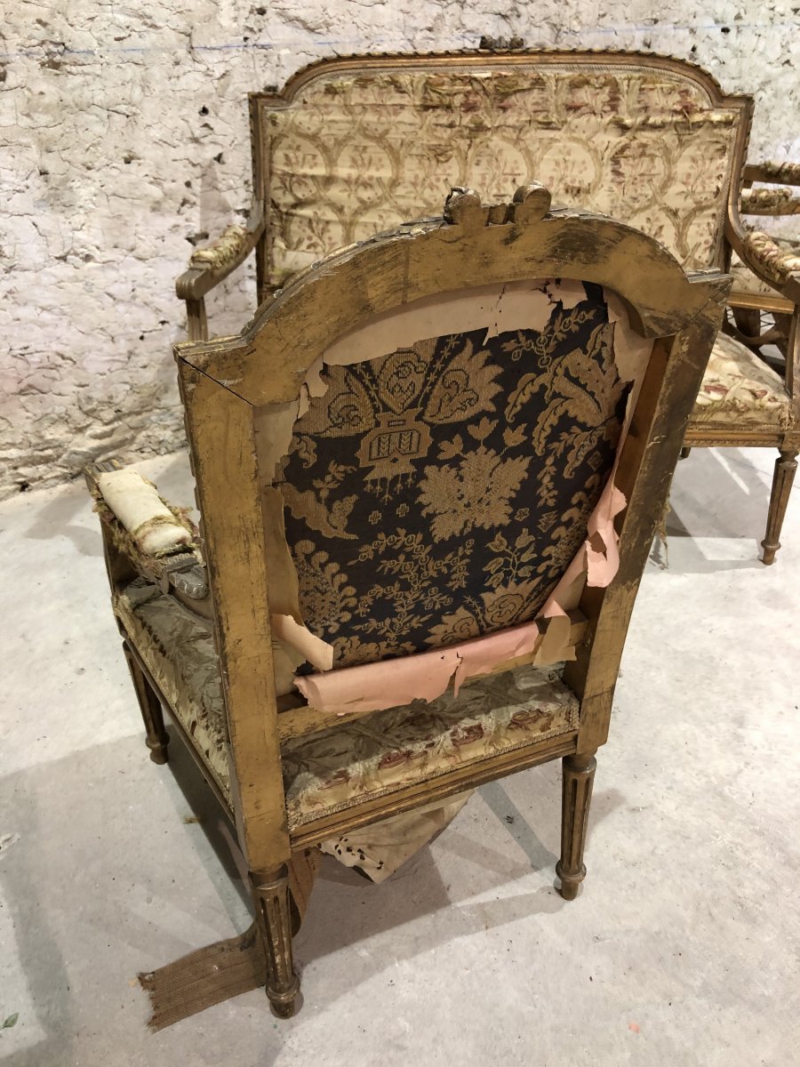 Louis XVI Style Living Room In Carved Wood, Gilded Including 1 Sofa, 2 Armchairs, 2 Chairs-photo-6