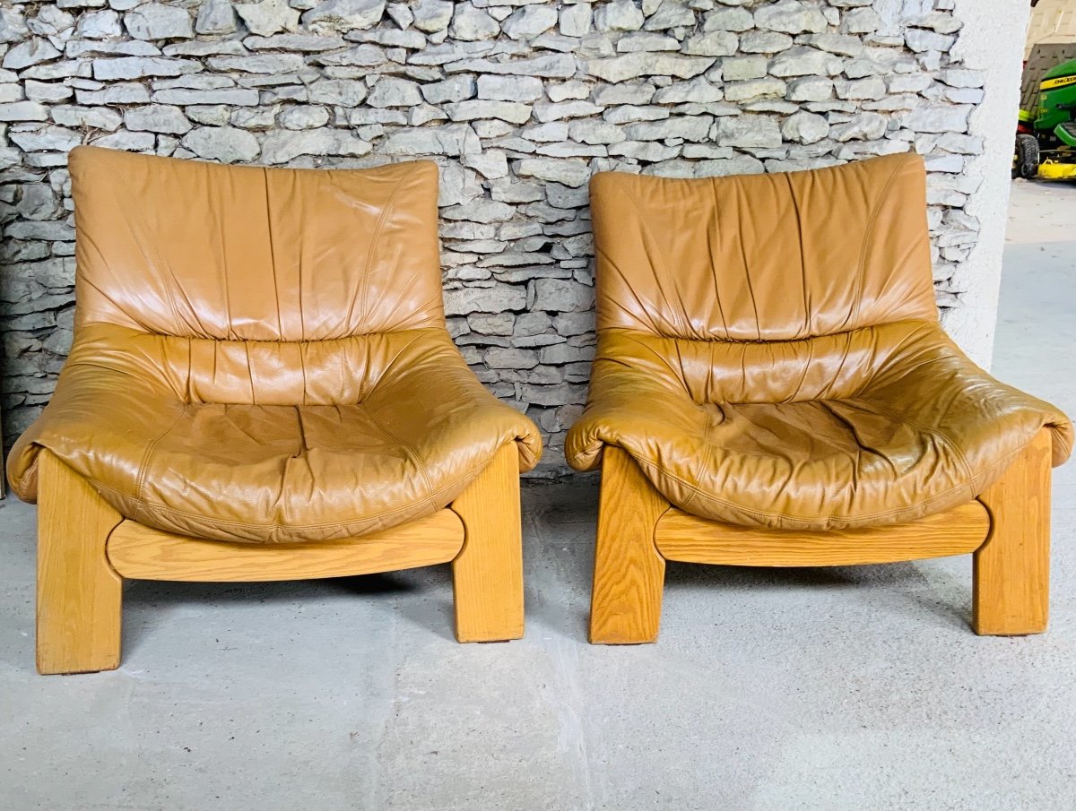 Salon From Luigi Gorgoni From Massiv Elm And Leather Roche Bobois édition 1960s/1970s-photo-2