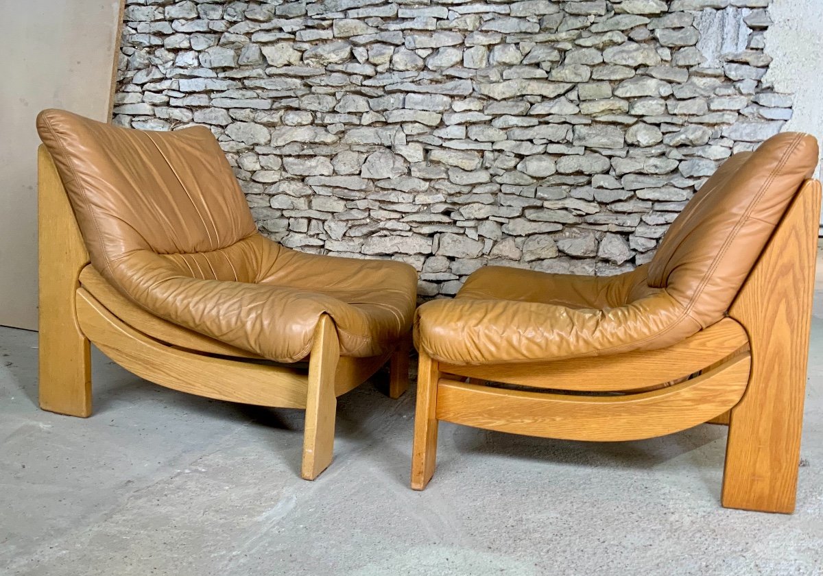 Salon From Luigi Gorgoni From Massiv Elm And Leather Roche Bobois édition 1960s/1970s-photo-3