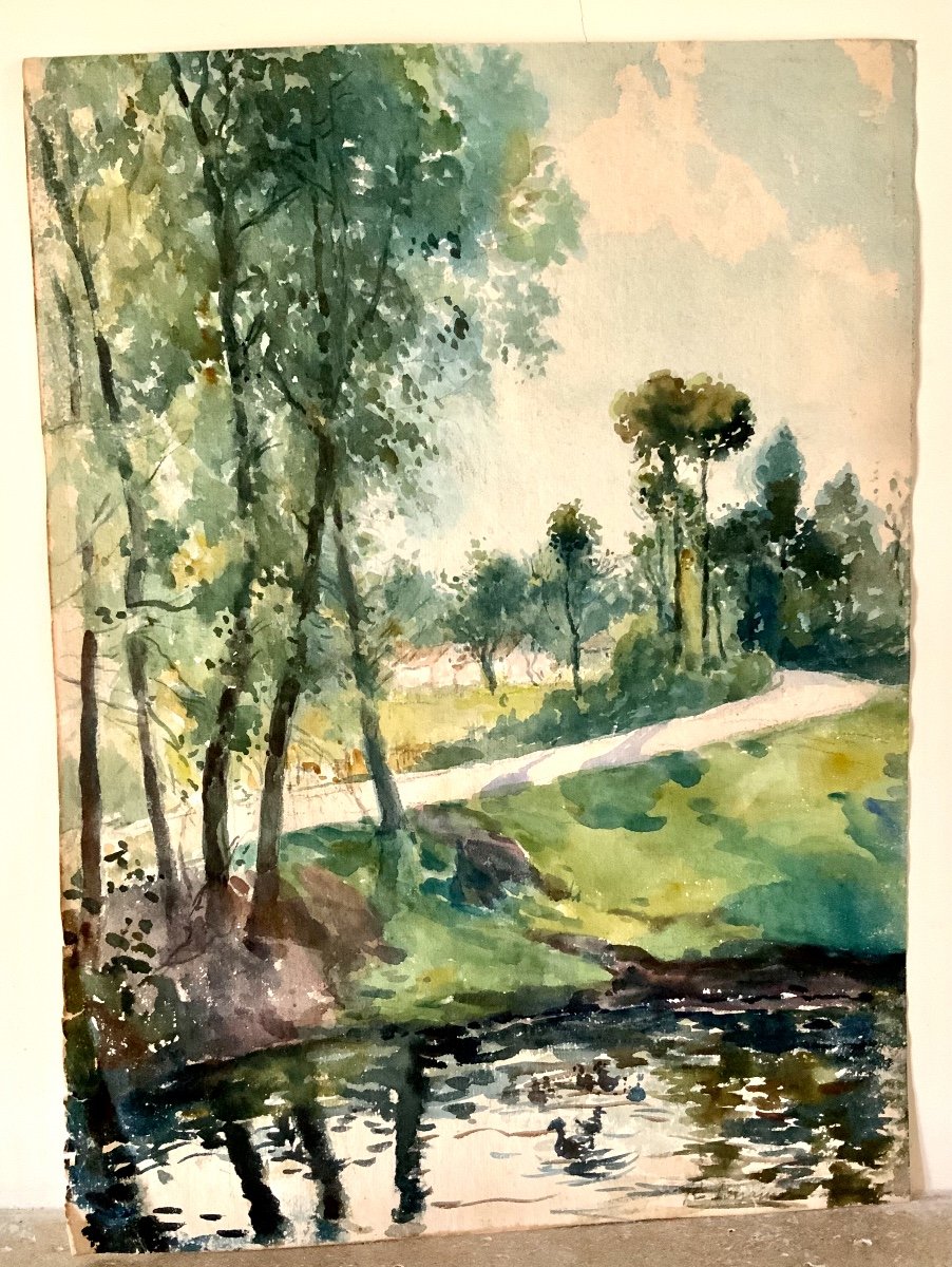 Deux Aquarelles gouachées représentant des Paysages-photo-3