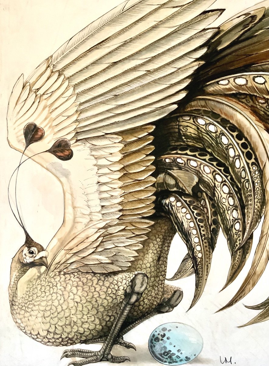 Bel Oiseau Probablement Imaginaire, Genre De Paon ! Aquarelle, encre et gouache.-photo-2
