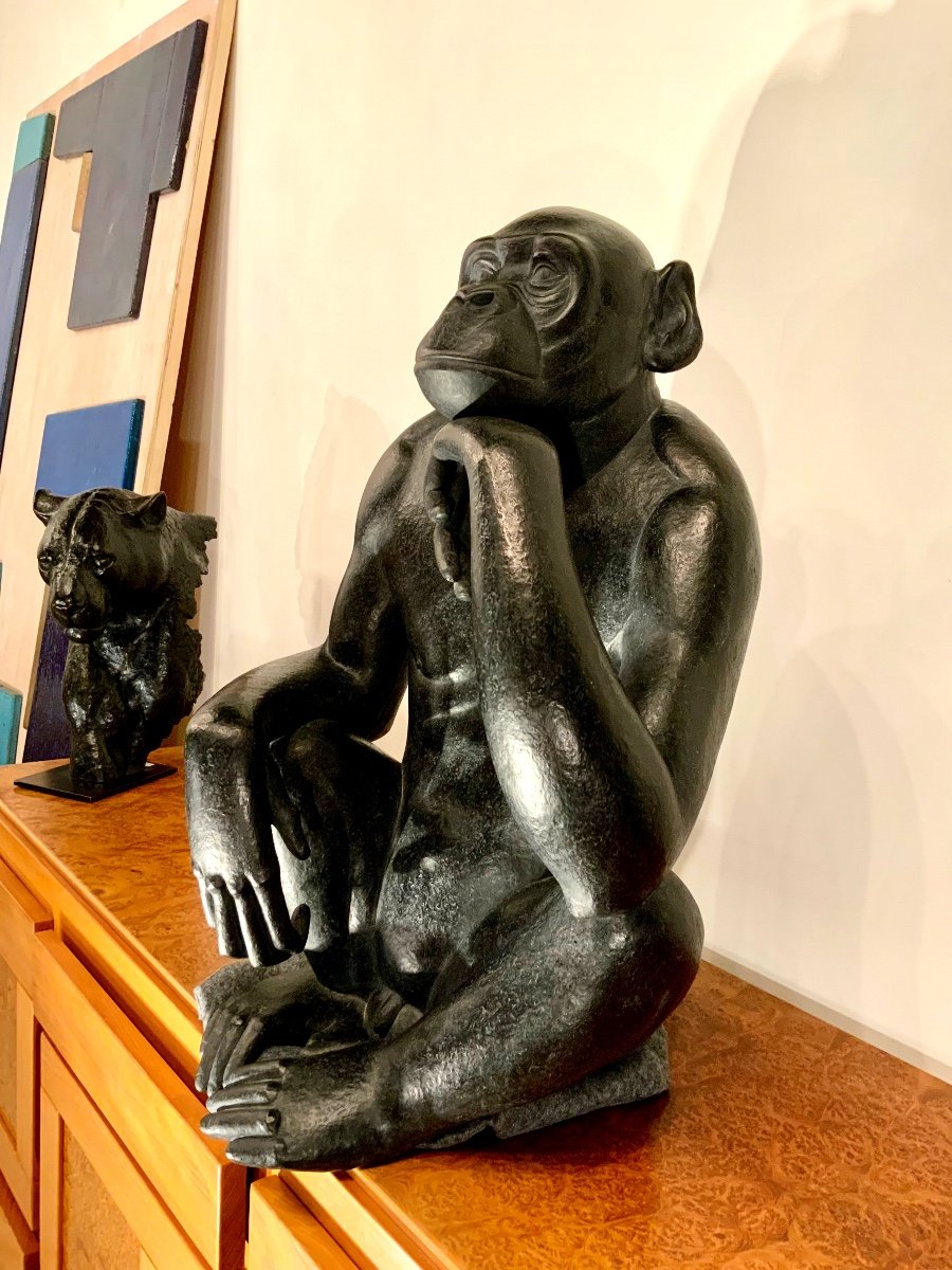 "pensive Bonobo" Animal Sculpture By Florence Jacquesson-photo-3