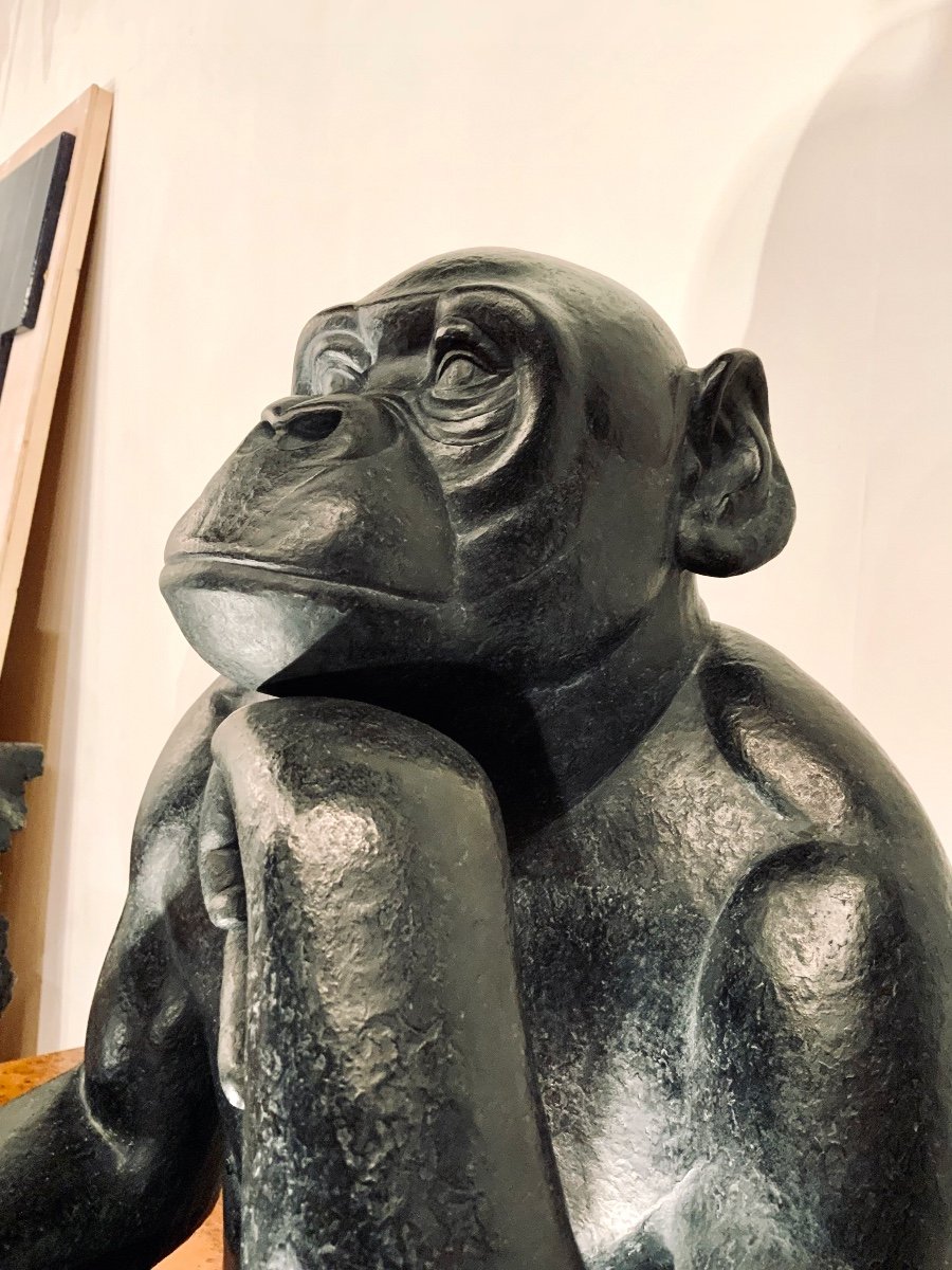 "pensive Bonobo" Animal Sculpture By Florence Jacquesson-photo-4