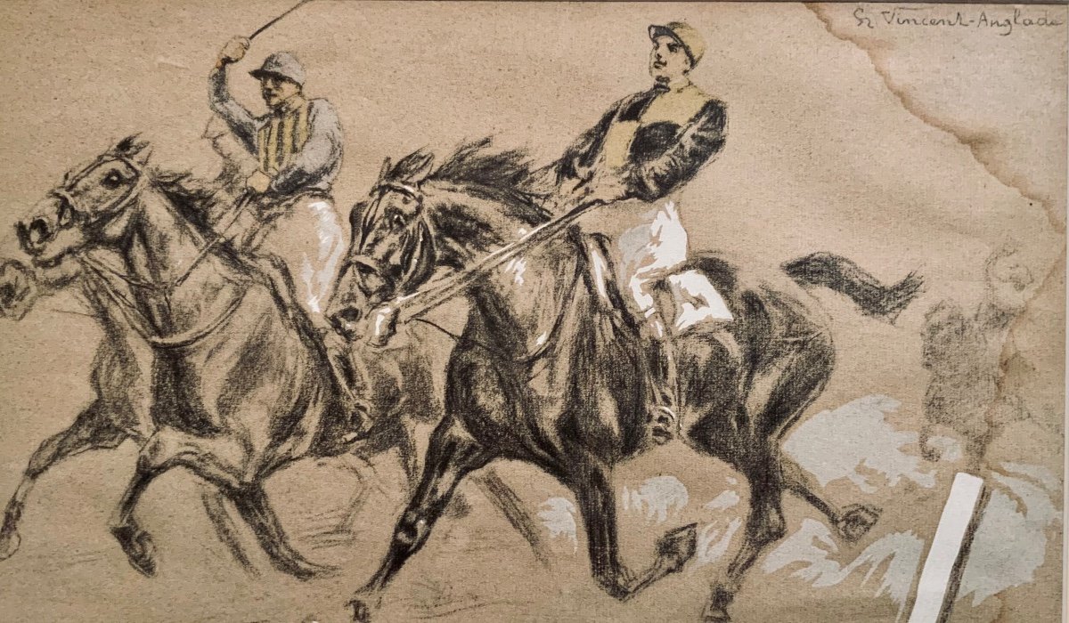 Vincent Anglade, Paire De Lithographies Couleurs Encadrées «courses De Chevaux »-photo-3