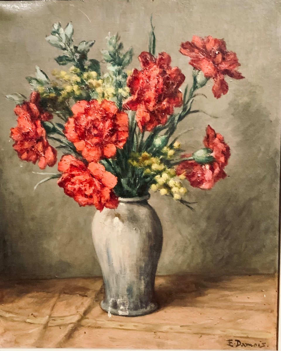 Peinture Sur Toile «Vase De Fleurs  sur un entablement » De E. Damois -photo-2