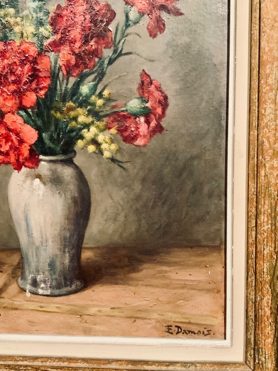 Peinture Sur Toile «Vase De Fleurs  sur un entablement » De E. Damois -photo-3
