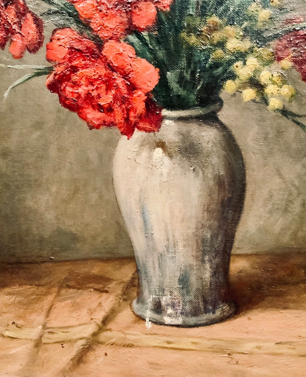 Peinture Sur Toile «Vase De Fleurs  sur un entablement » De E. Damois -photo-4