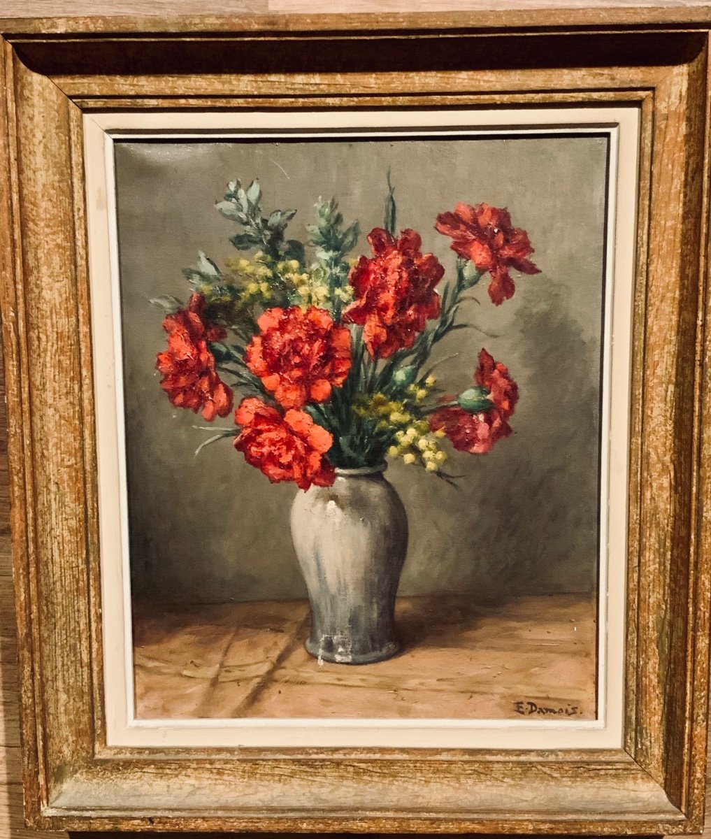 Peinture Sur Toile «Vase De Fleurs  sur un entablement » De E. Damois 