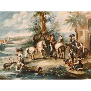 Aquarelle Gouachée Italienne Circa 1800 « Bord de rivière animé »