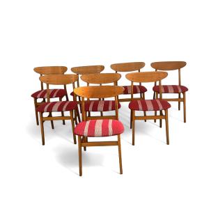 Set Of 8 Scandinavian Design Chairs From The 1960s/70s In Solid Beech And Teak