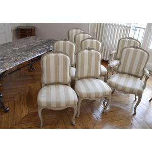 Série De 6 Chaises Et 2 Fauteuils à Dossier Plat De Style Louis XV