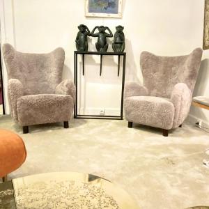 Pair Of Scandinavian Sheepskin Armchairs By Mogens Lassen