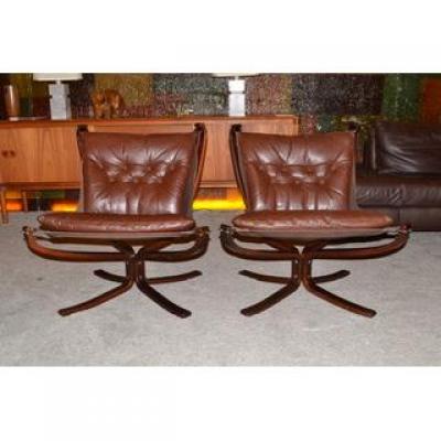 Pair Of Hanging Chairs "falcon" In Leather, Canvas And Wood