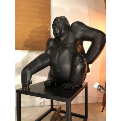 Sculpture En Bronze, Gorille Des Montagnes Mâle, Dos Argenté De Florence Jacquesson