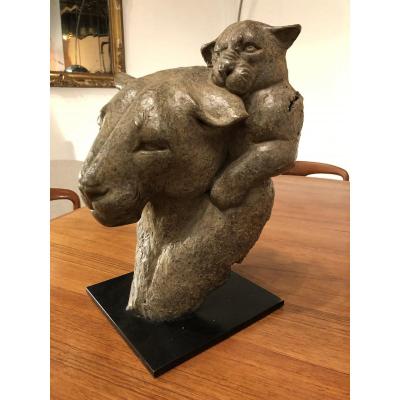 Portrait Of Lioness And Her Lion Cub, Bronze By Florence Jacquesson, Signed, Numbered.