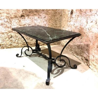 Wrought Iron Coffee Table, 1940s Sea Green Marble Top 