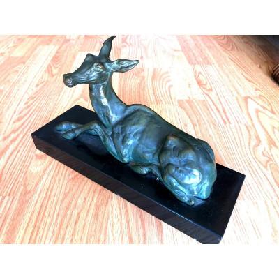 Sculpture De Biche En Bronze Signée Helber