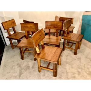 Series Of 8 Brutalist Chairs Years 1960/70 In Solid Elm