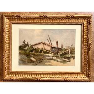 Landscape, Framed Watercolor By Jean Henri Chouppe