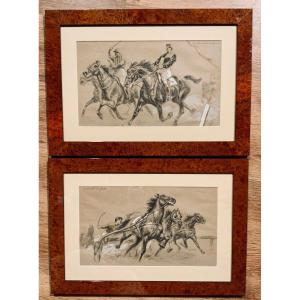 Vincent Anglade, Paire De Lithographies Couleurs Encadrées «courses De Chevaux »