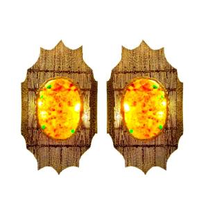 Surprising Pair Of Sconces By Henri Fernandez In Fractal Resin And Brass