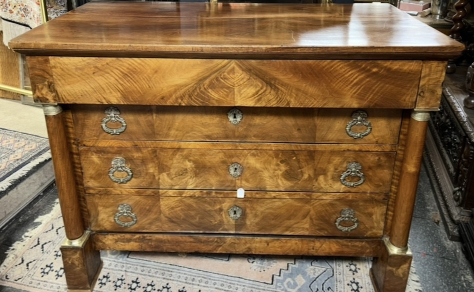 Empire-style Chest Of Drawers In Solid Walnut, Detached Columns, Bronze Mounts-photo-2