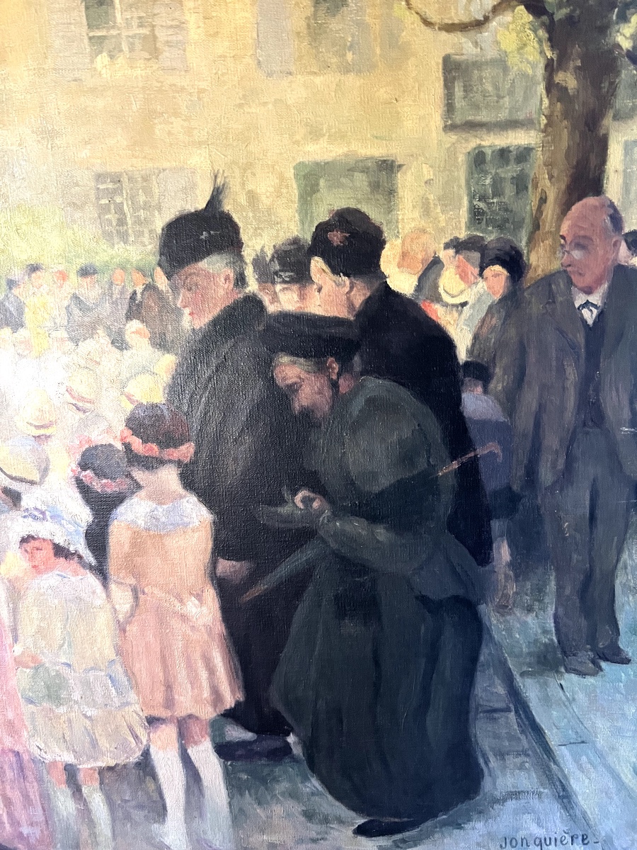 First Communion Day, Oil On Canvas By Jonquière, 1940-photo-3