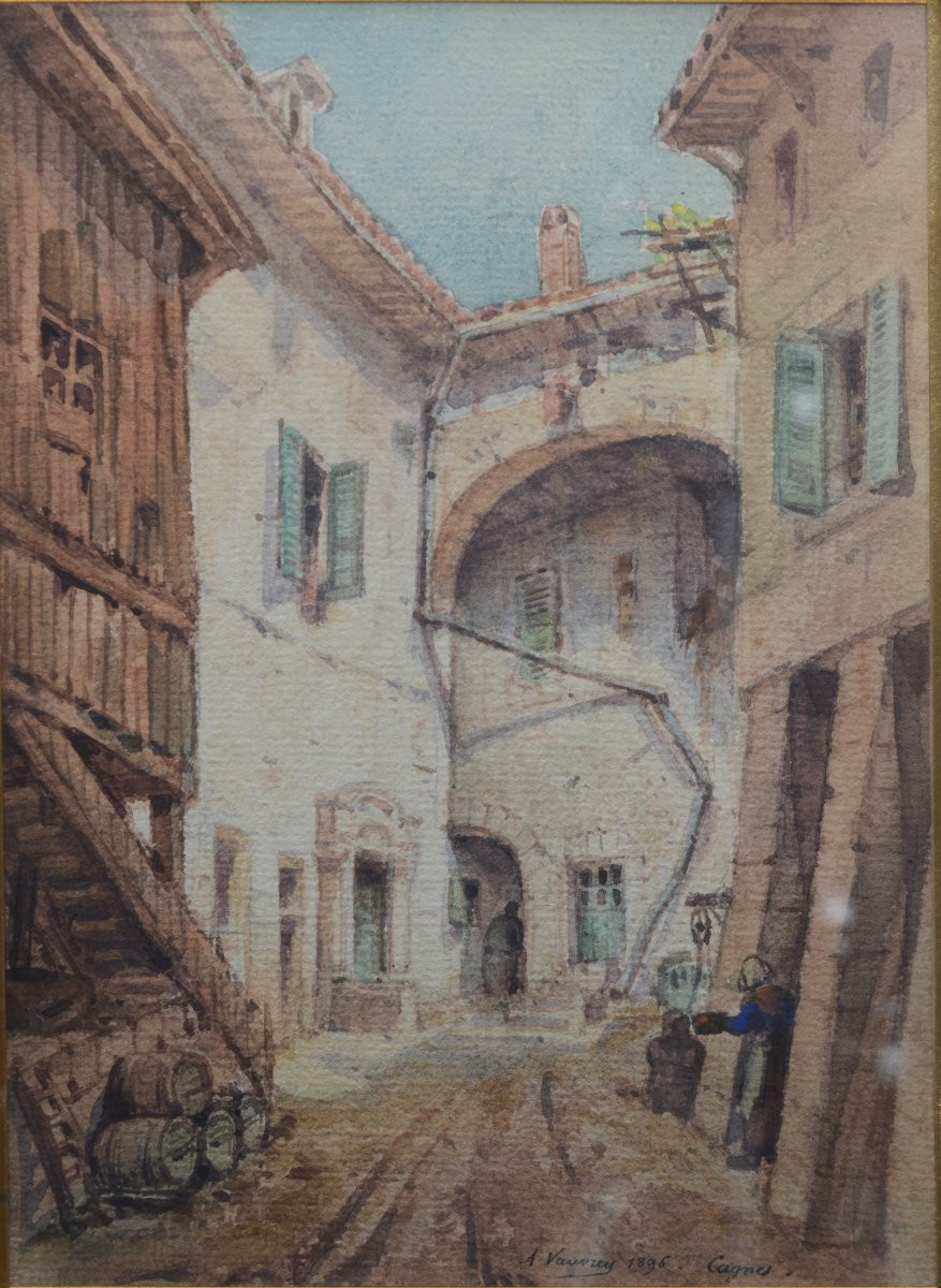Pair Of Watercolors Of The Old Town Of Cagnes.-photo-4