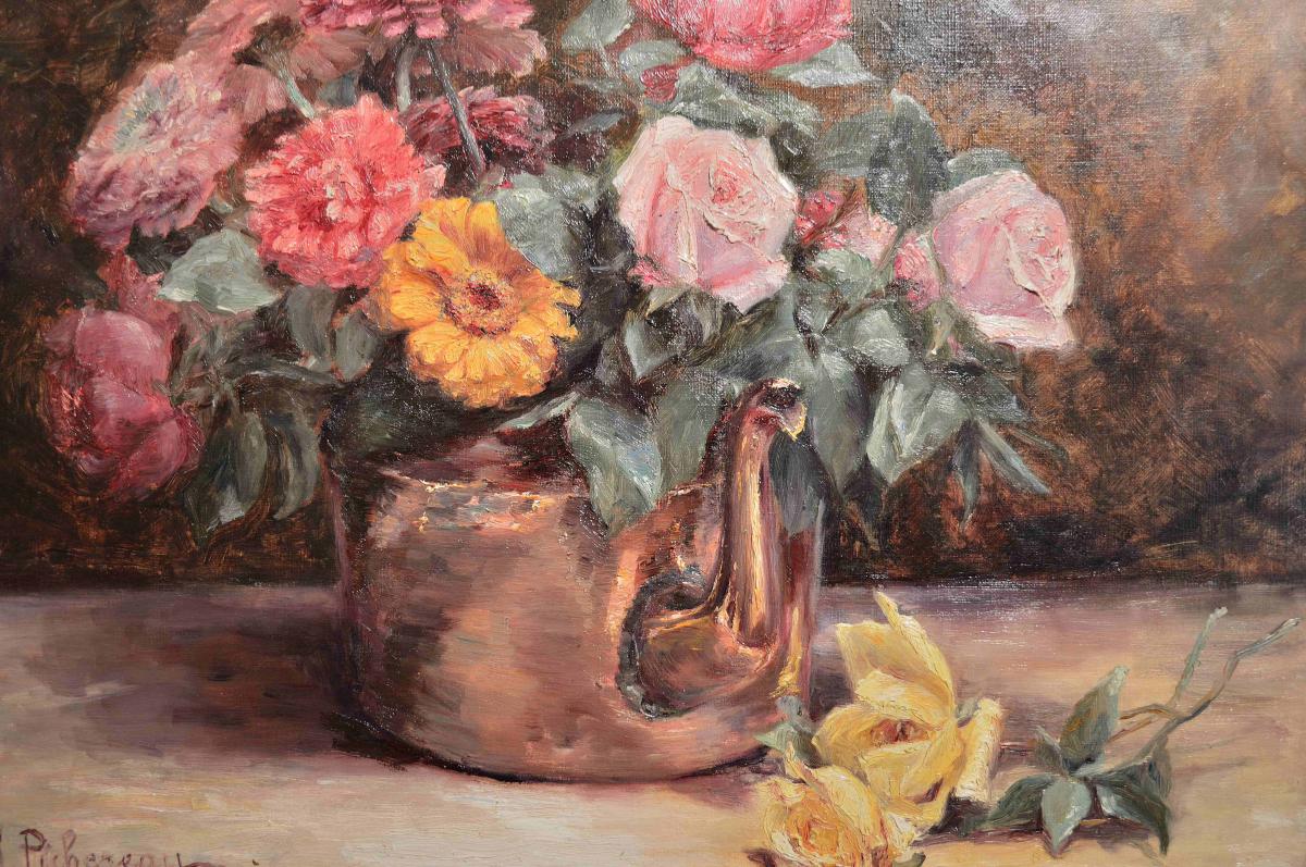 A. Pichereau. Bouquet Of Roses And A Zygnas The Copper Jug.-photo-2