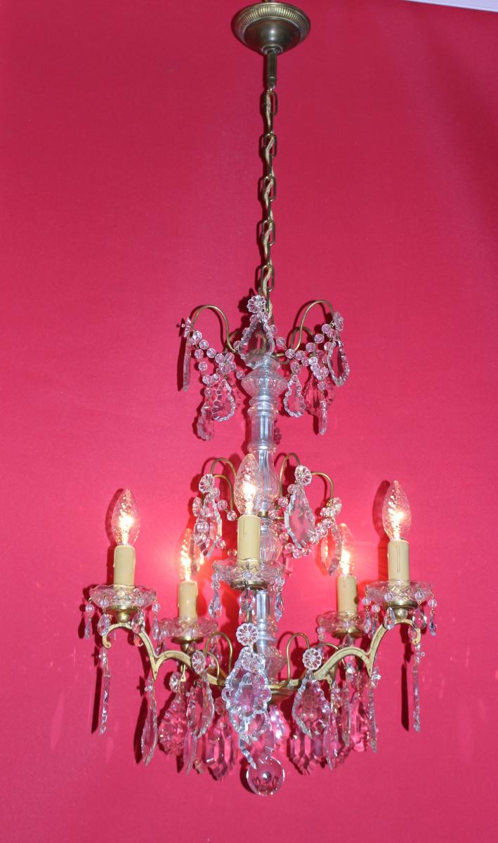 Chandelier Cage Bronze 5 Lights And With Crystal Louis XVI Style