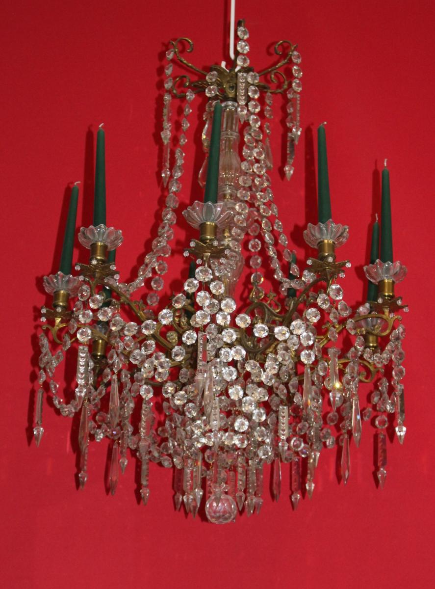 Large Chandelier Cage Bronze 9 Lights And Crystal Louis XVI Style-photo-2