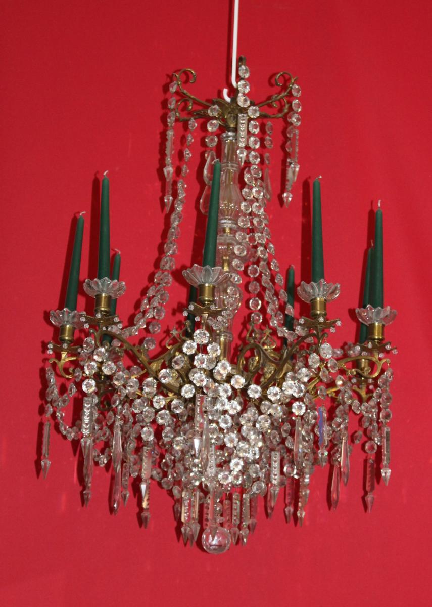 Large Chandelier Cage Bronze 9 Lights And Crystal Louis XVI Style-photo-4