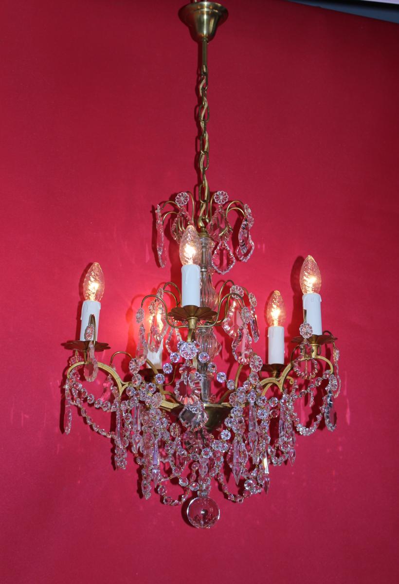 Lustre Cage En Bronze 5 Feux Avec Cristal Style Louis XVI -photo-4