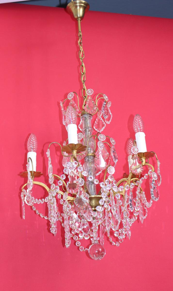 Lustre Cage En Bronze 5 Feux Avec Cristal Style Louis XVI -photo-1