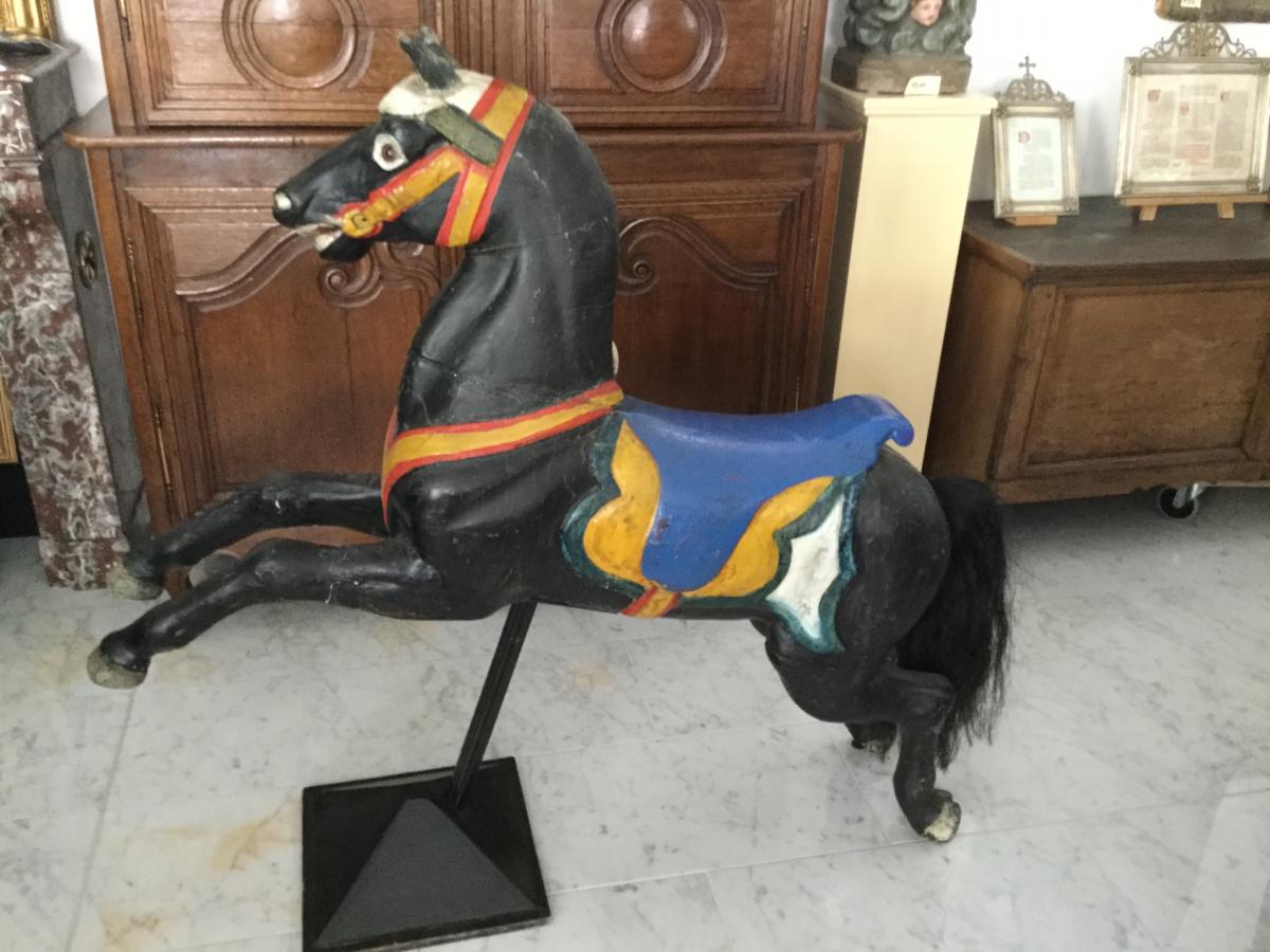 Grand Cheval De Manège En Bois Sculpté Et Peint Polychrome 19ème-photo-2