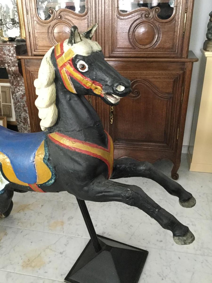 Grand Cheval De Manège En Bois Sculpté Et Peint Polychrome 19ème-photo-3